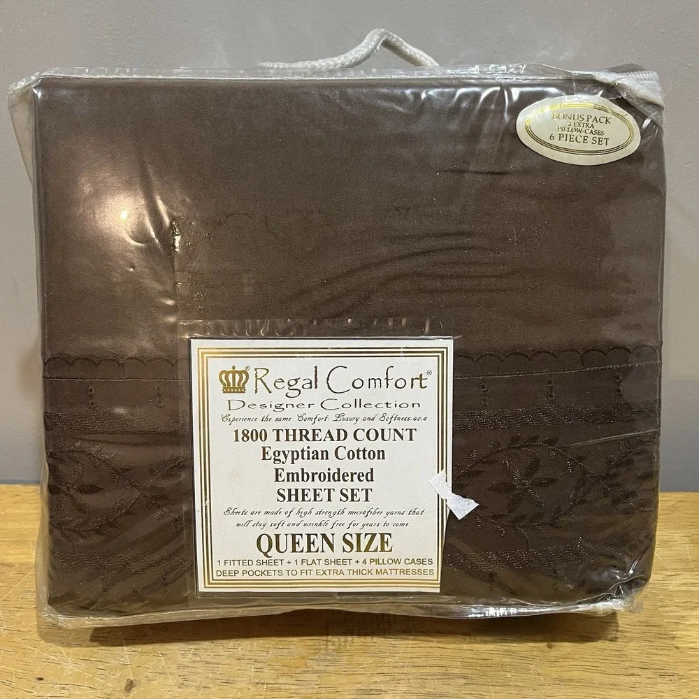 Vtg Regal Comfort 1800 TC Egyptian‎ Brown Queen Sheet Set Embroidered
